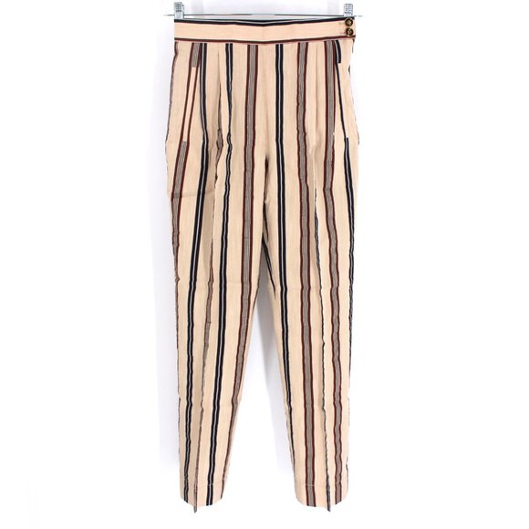 Tory Burch Slubbed Stripe Beige Trouser 2 Suit Pants Stripes Navy Brown XS NEW